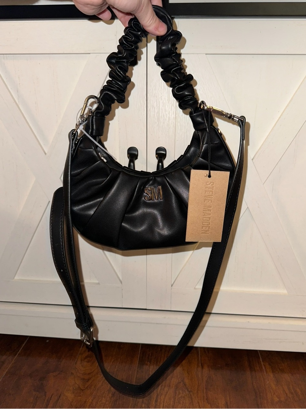Steve Madden Black BCORINNE Ruched Top Handle Shoulder Bag with Crossbody Strap